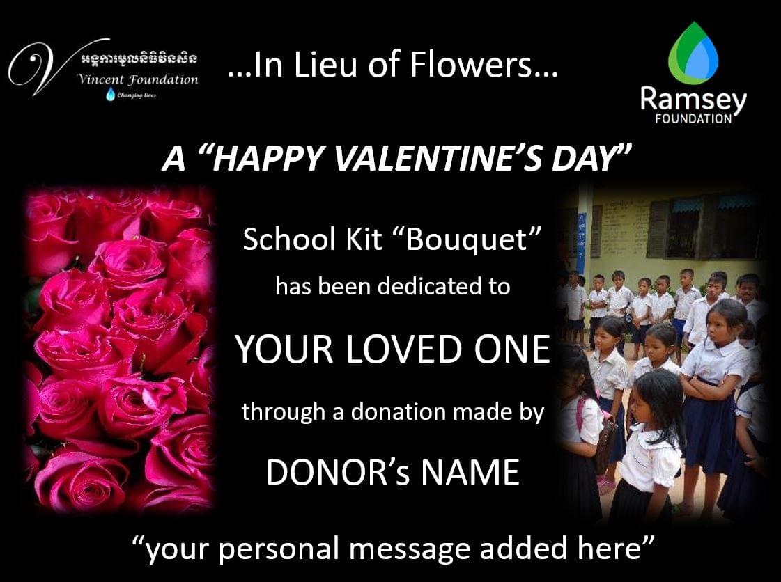 Example Valentine's Dedication Certificate for MTRF Donation providing 2 uniforms & a backpack filled with school supplies for a Cambodian Student in Need